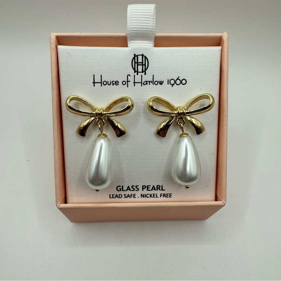House of Harlow 1960 Gold Bow and Pearl Drop Earrings - Picture 2 of 6